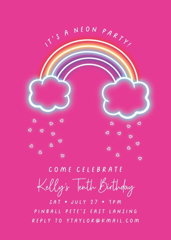 Neon rainbow party - birthday invitation