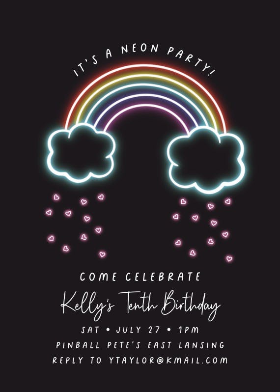 Neon rainbow party - invitation