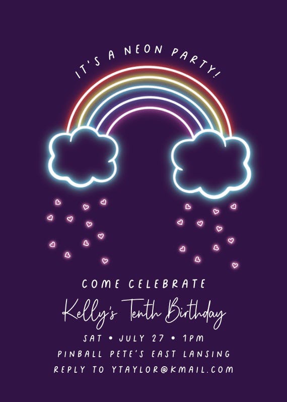 Neon rainbow party - invitation