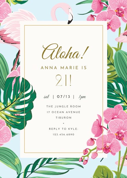 Orchids & flamingo - luau party invitation
