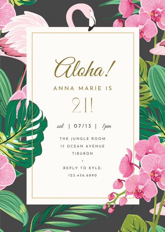 Orchids & flamingo - pool party invitation