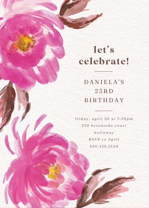 Painted peonies - birthday invitation
