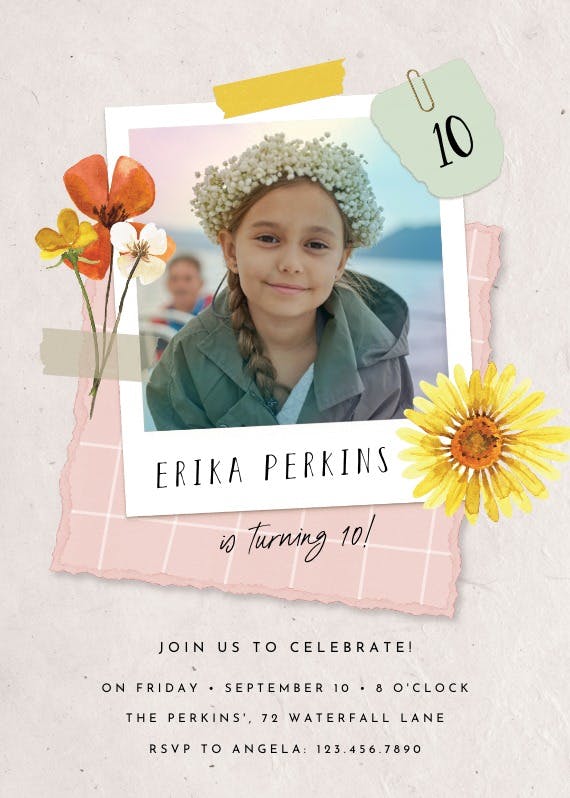Paper and flowers celebration -  invitación de fiesta de cumpleaños con foto