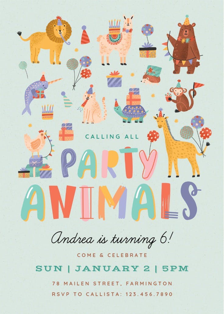 Party animals - invitación de cumpleaños