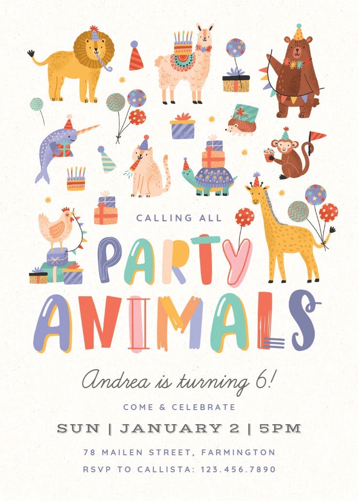 Party animals - invitación de cumpleaños