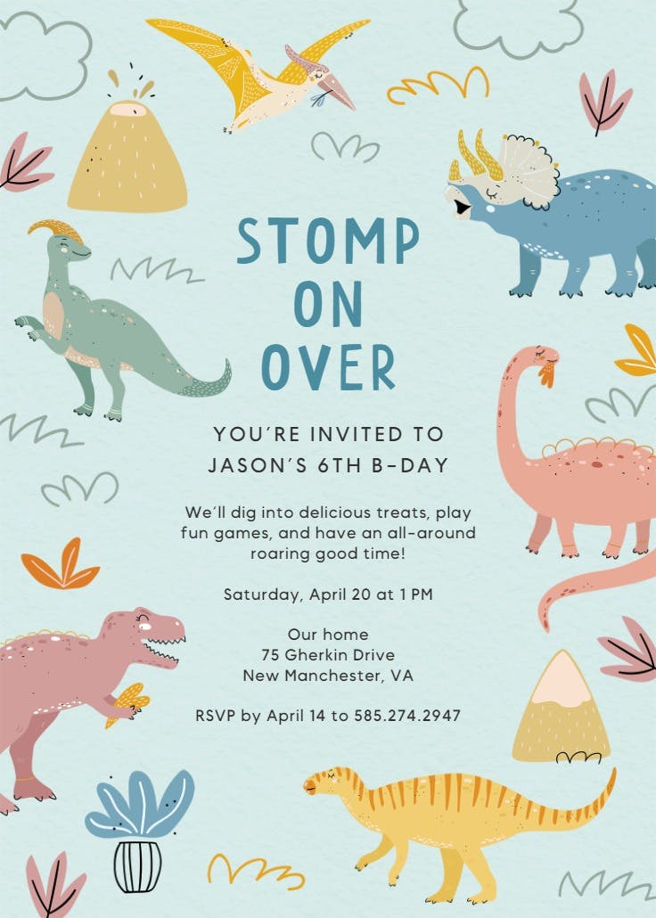 Pastel dinos - party invitation