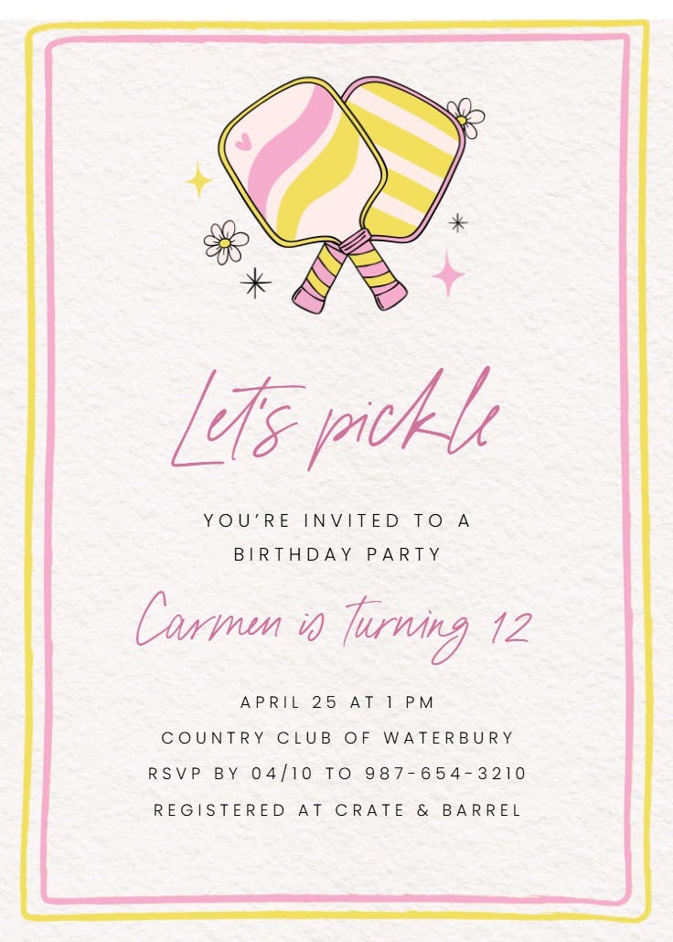 Pickleball party - invitación de cumpleaños