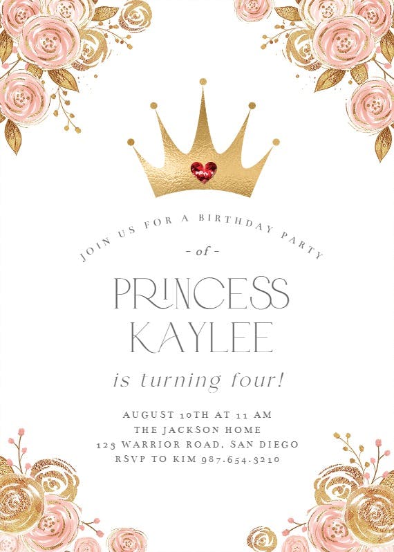 Pink & gold floral princess - birthday invitation