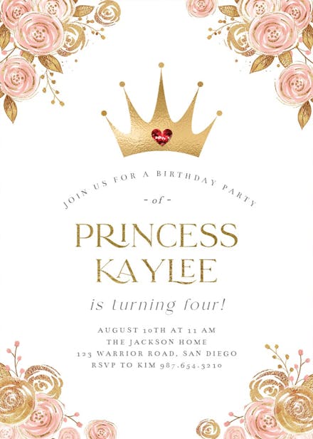 Pink & gold floral princess - birthday invitation