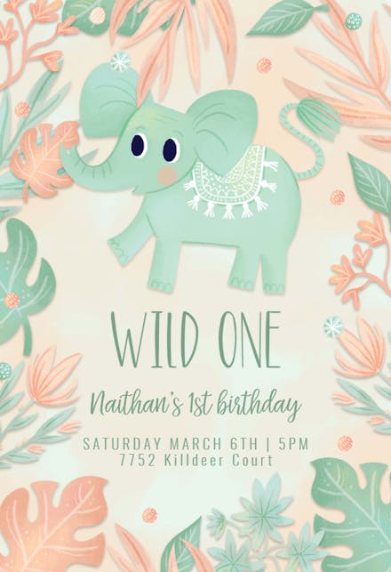 Pink and Blue Elephant - Birthday Invitation