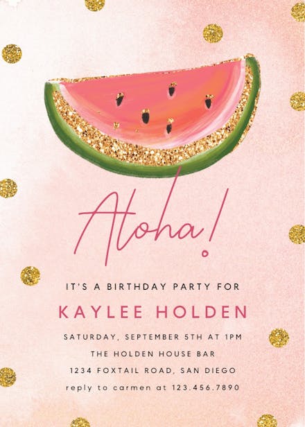 Pink and gold watermelon - luau party invitation