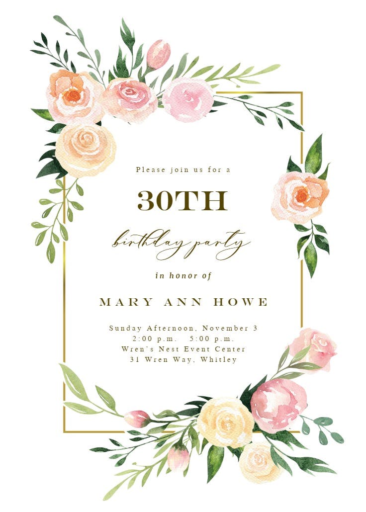 Pink botanical wreath - birthday invitation