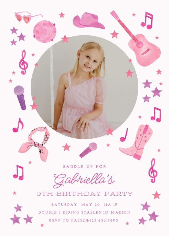 Pink cowgirl -  invitación de fiesta de cumpleaños con foto