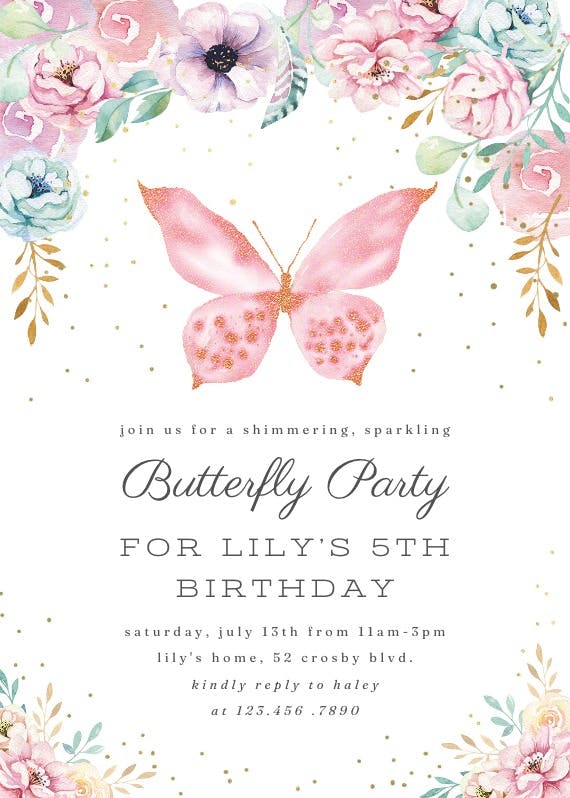 Pink glitter butterfly -  invitación de cumpleaños