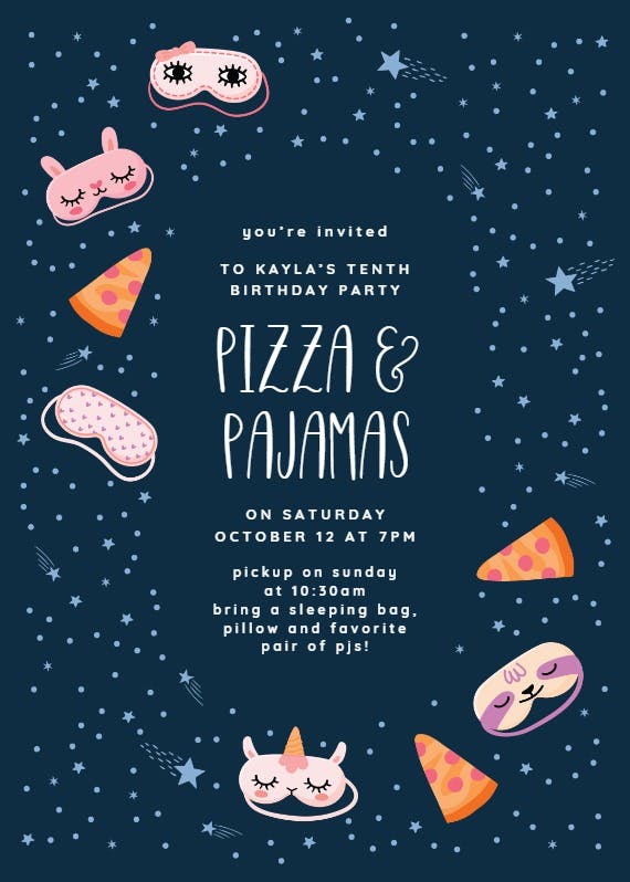 Pizza and pajamas -  invitación para pijamadas