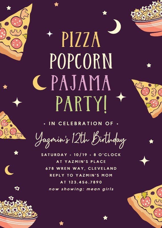 Pizza pajama party - sleepover party invitation