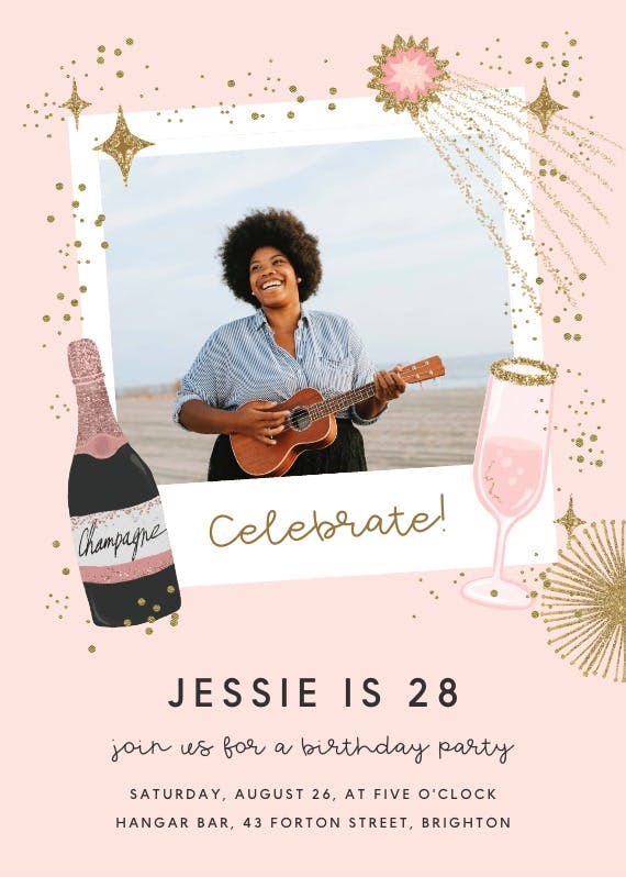 Polaroid champagne -  invitación de fiesta de cumpleaños con foto