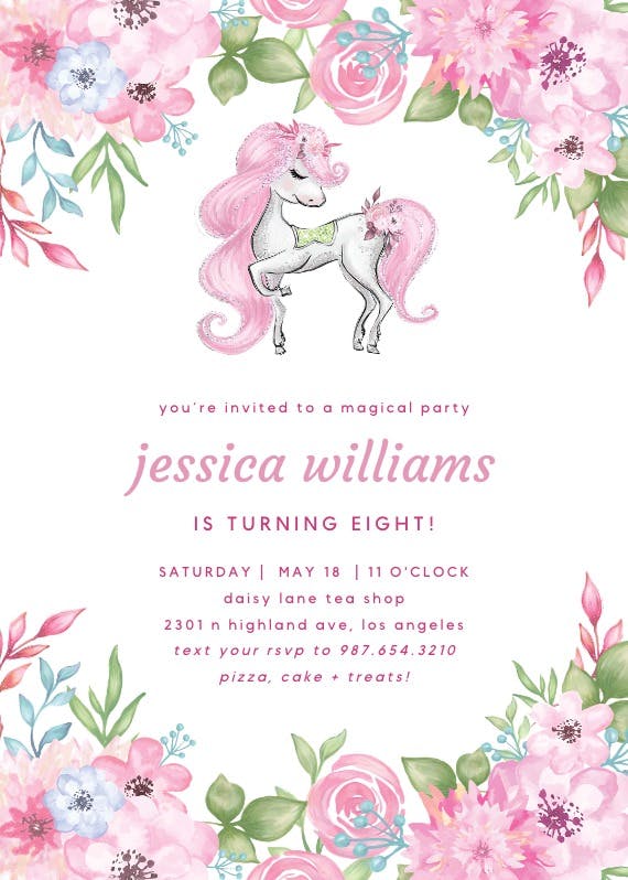 Pretty flower unicorn - birthday invitation