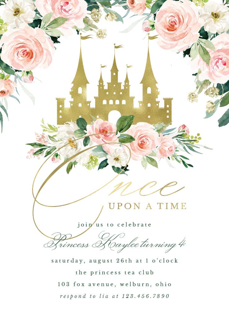 Princess gold castle & roses - birthday invitation