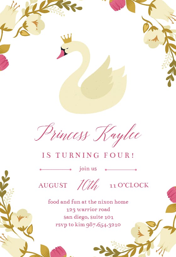Princess swan -  invitación de cumpleaños