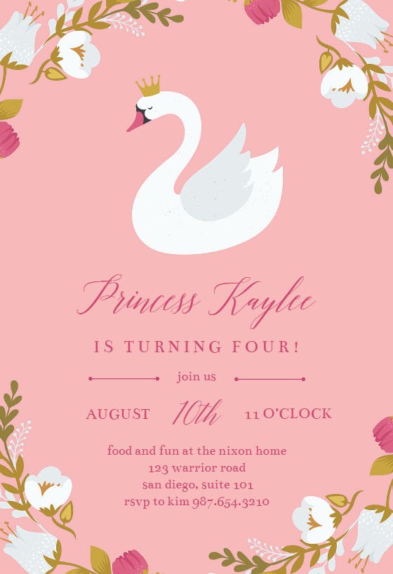 Princess swan -  invitación de cumpleaños