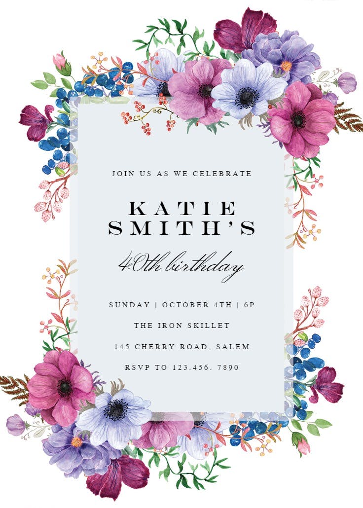 Purple bouquet - birthday invitation