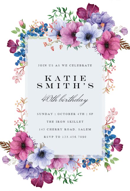 Purple bouquet - birthday invitation