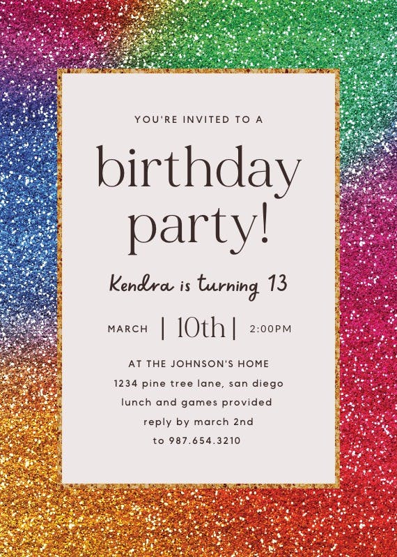Rainbow glitter -  invitación de cumpleaños