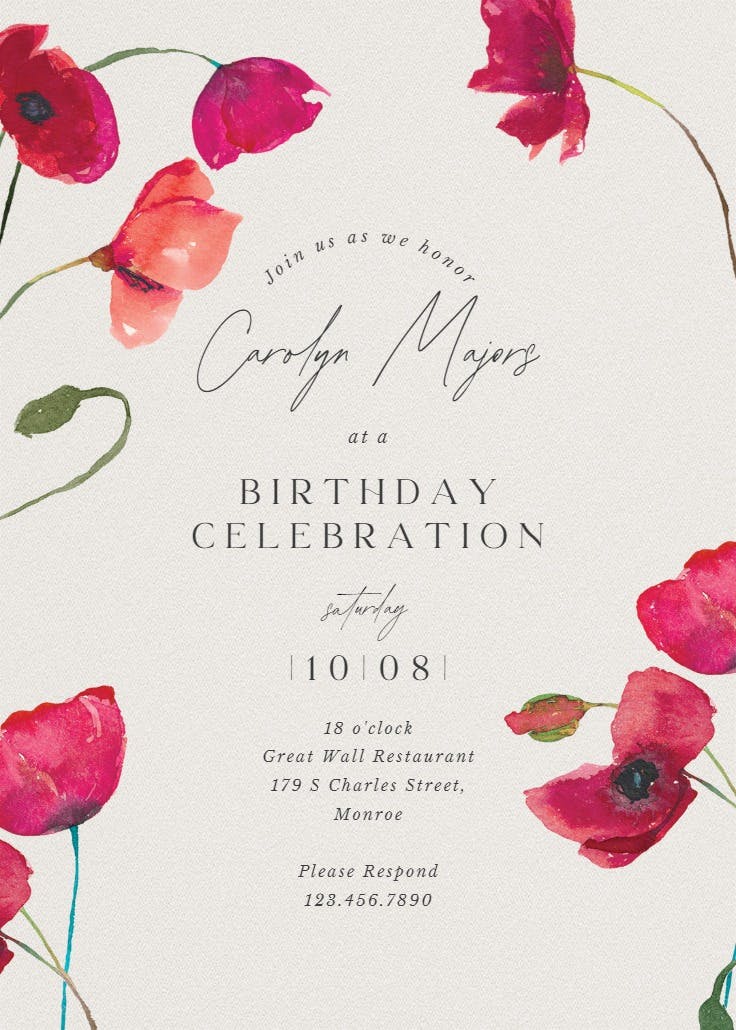 Red poppies - birthday invitation