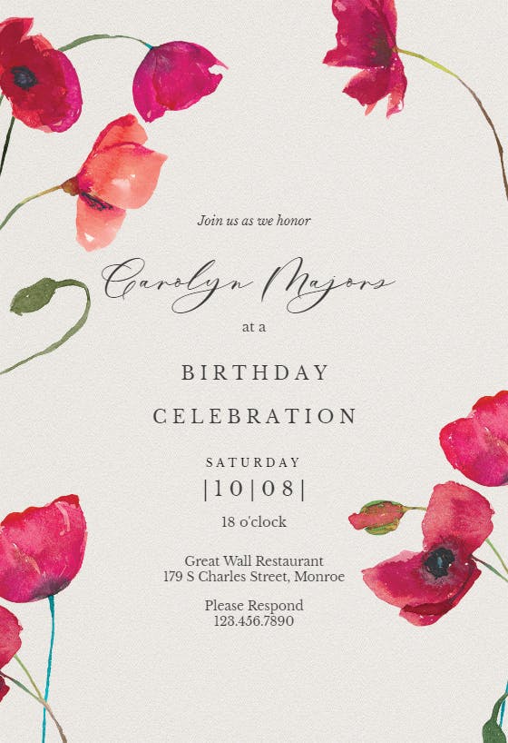 Red poppies -  invitación de cumpleaños