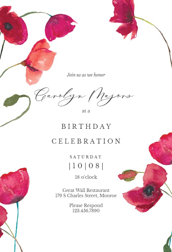 Red poppies -  invitación de cumpleaños