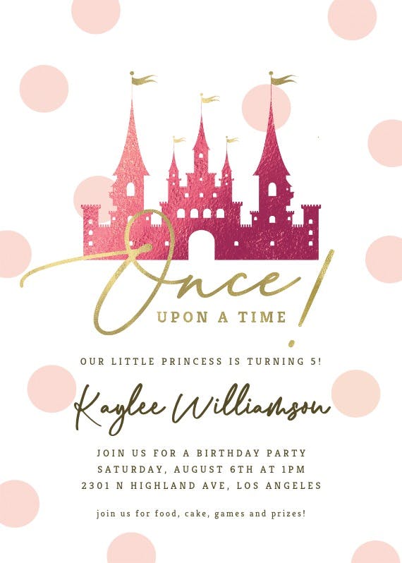 Rose gold princess castle - birthday invitation