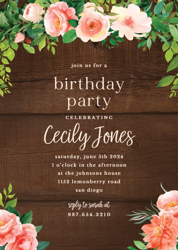 Roses on wood - birthday invitation