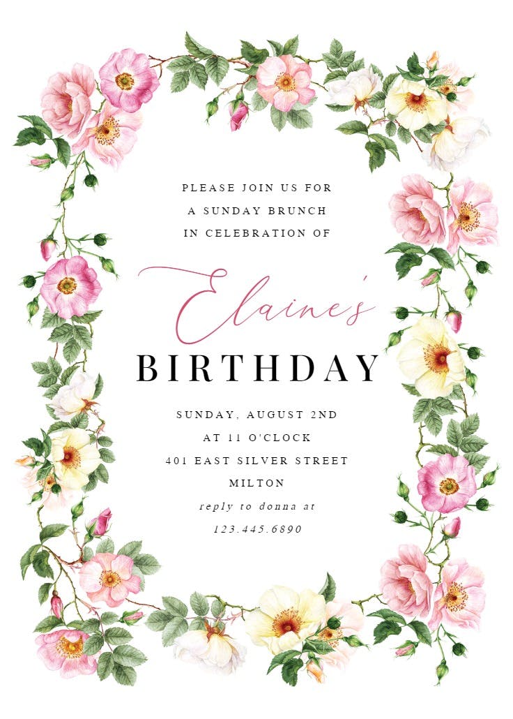 Roses watercolor wreath - birthday invitation