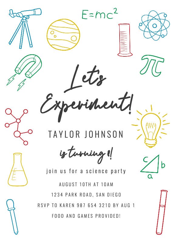Science doodles -  invitación para fiesta