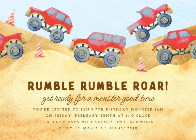Slam jam monster truck - party invitation