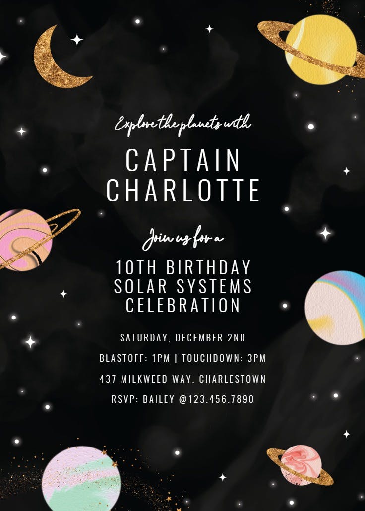 Solar power space - birthday invitation