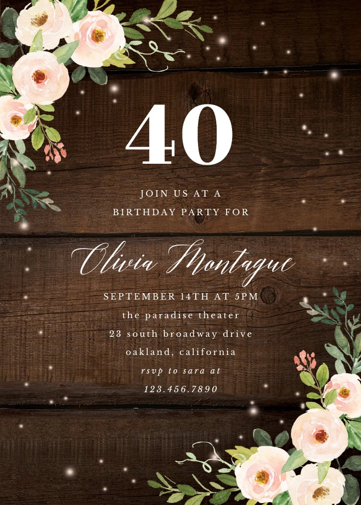 Sparkling Rustic Floral - Birthday Invitation Template | Greetings Island
