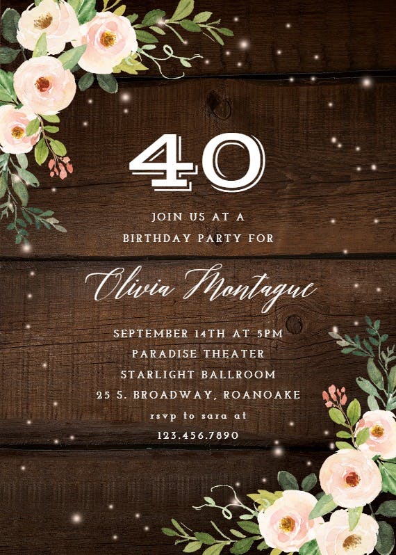 Sparkling rustic floral - birthday invitation