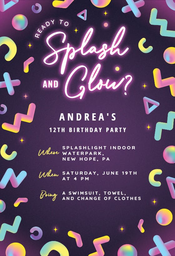Splash and glow -  invitación de cumpleaños