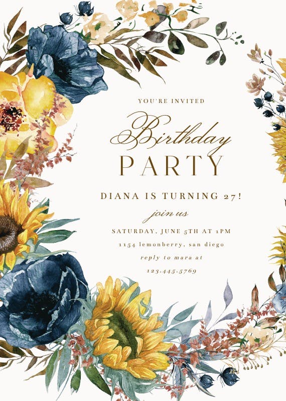 Sunflowers and blue - birthday invitation