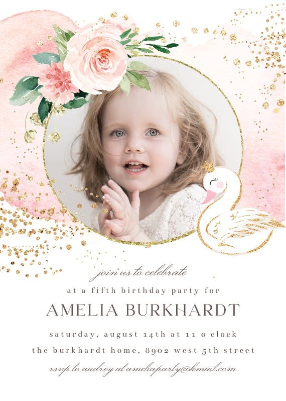 Swan & pink roses - birthday invitation