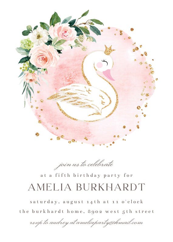 Swan & pink roses -  invitación de fiesta de cumpleaños con foto