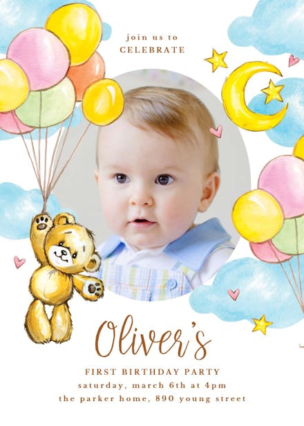 Teddy bear & balloons - birthday invitation