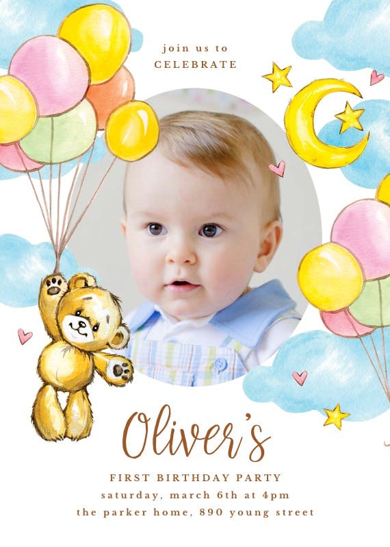 Teddy bear & balloons - birthday invitation