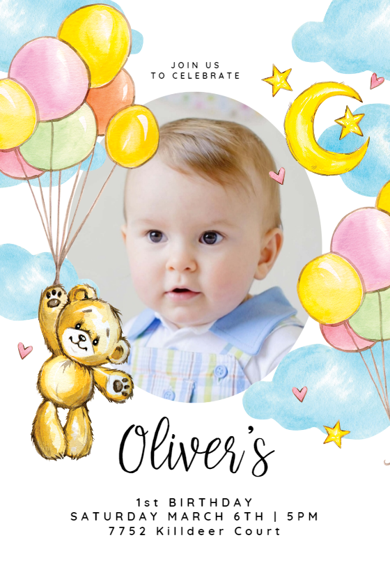 Teddy bear & balloons - Birthday Invitation Template (Free ...