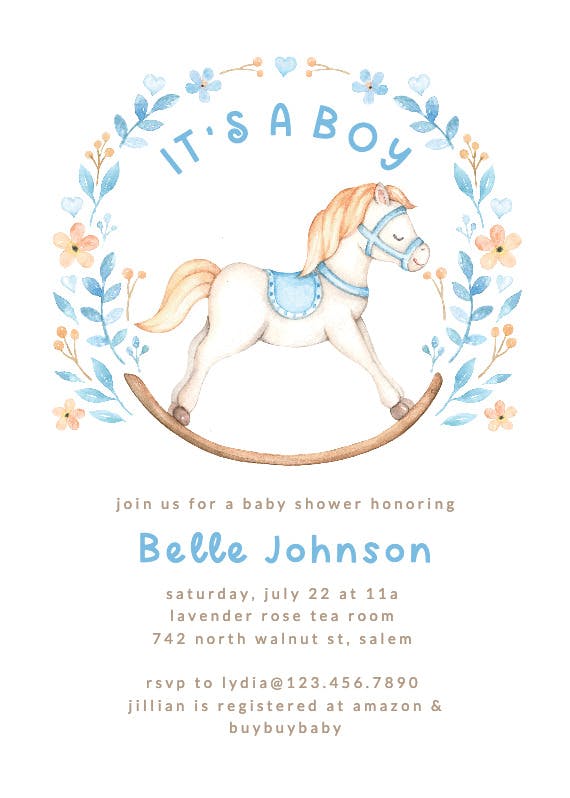 The rocking horse -  invitación para baby shower de bebé niño gratis