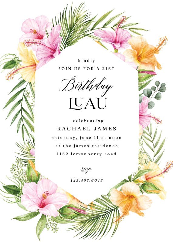 Tropical flower wreath - luau party invitation