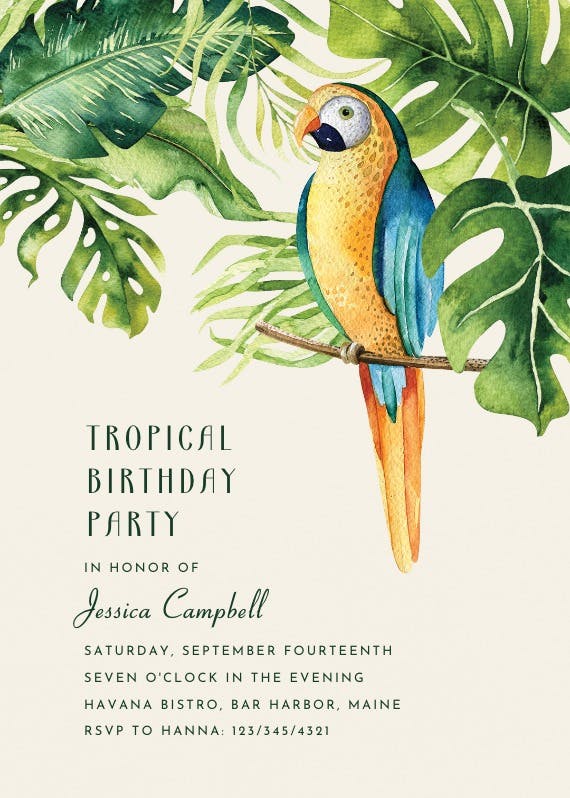 Tropical parrot - invitación para pool party