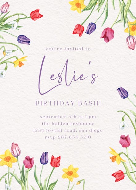 Tulips and daffodils - birthday invitation